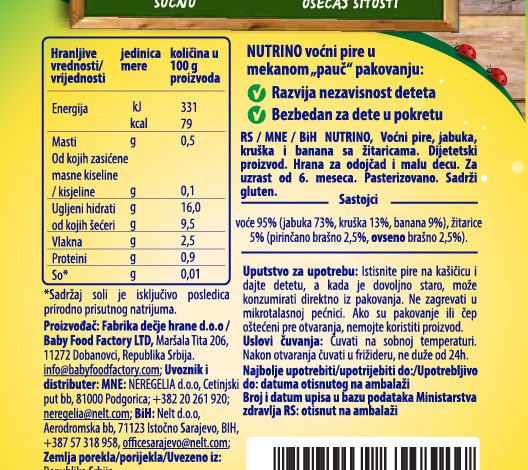 deklaracija 14.18. NUTRINO Vocni pire Jabuka kruska i banana sa zitaricama 100g kon